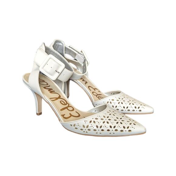 Sam Edelman Odynna Pointed Toe Heels White Laser Cut Floral Dainty Womens 9.5 - Picture 1 of 8